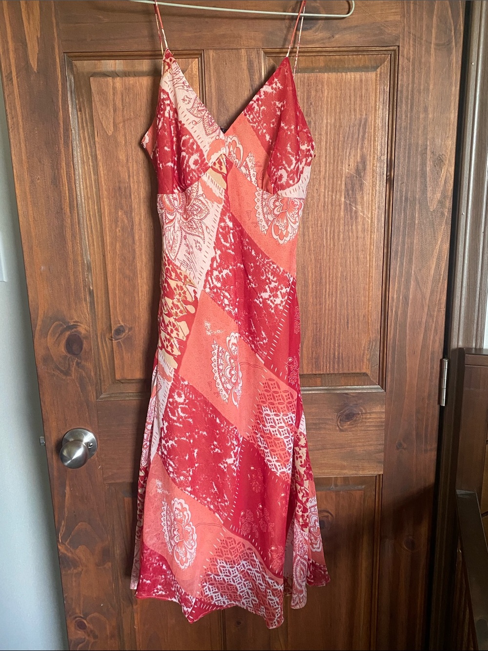 Red and Coral Patchwork Slip Midi Dress with V-Neck